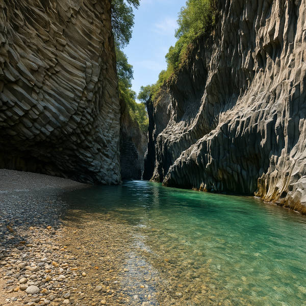  interior of Alcantara Gorge with narrow basalt walls