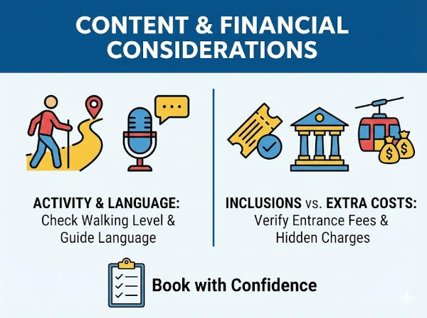 Cruise excursion booking considerations covering walking requirements inclusions and schedule