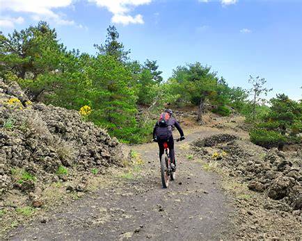 cyclists riding forest trails descending from Mount Etna toward the Alcantara Valley