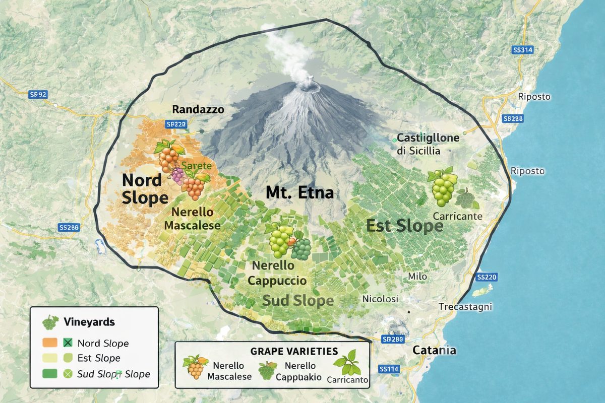 Overview map and vineyard terraces across north, east and south slopes of the Etna wine region.