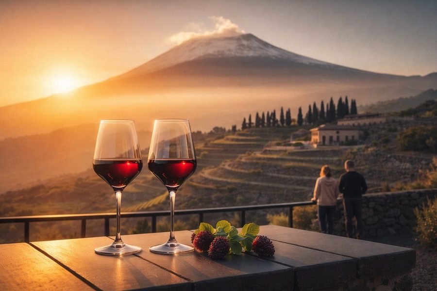 Visitors touring Etna vineyards and tasting wine on a lava-stone terrace with Mount Etna in the background.