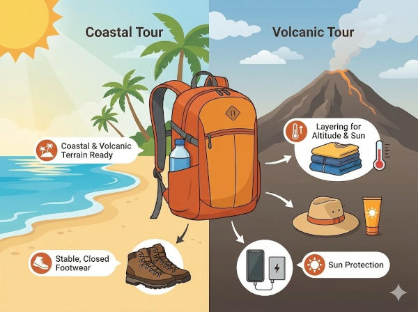 What to pack for Sicily excursions including water sun protection layers and stable shoes